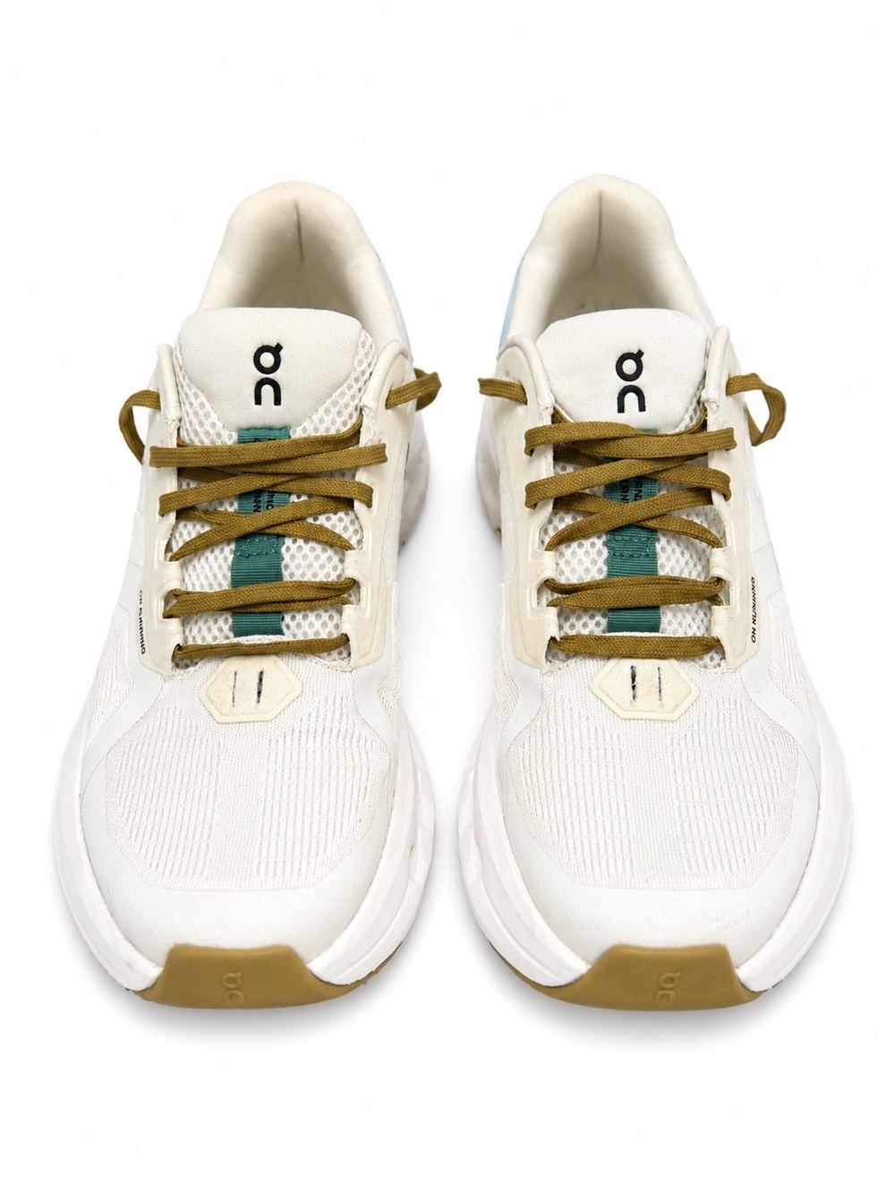 On Running Cream White Sneakers with Olive Laces and Teal Tongue Accent